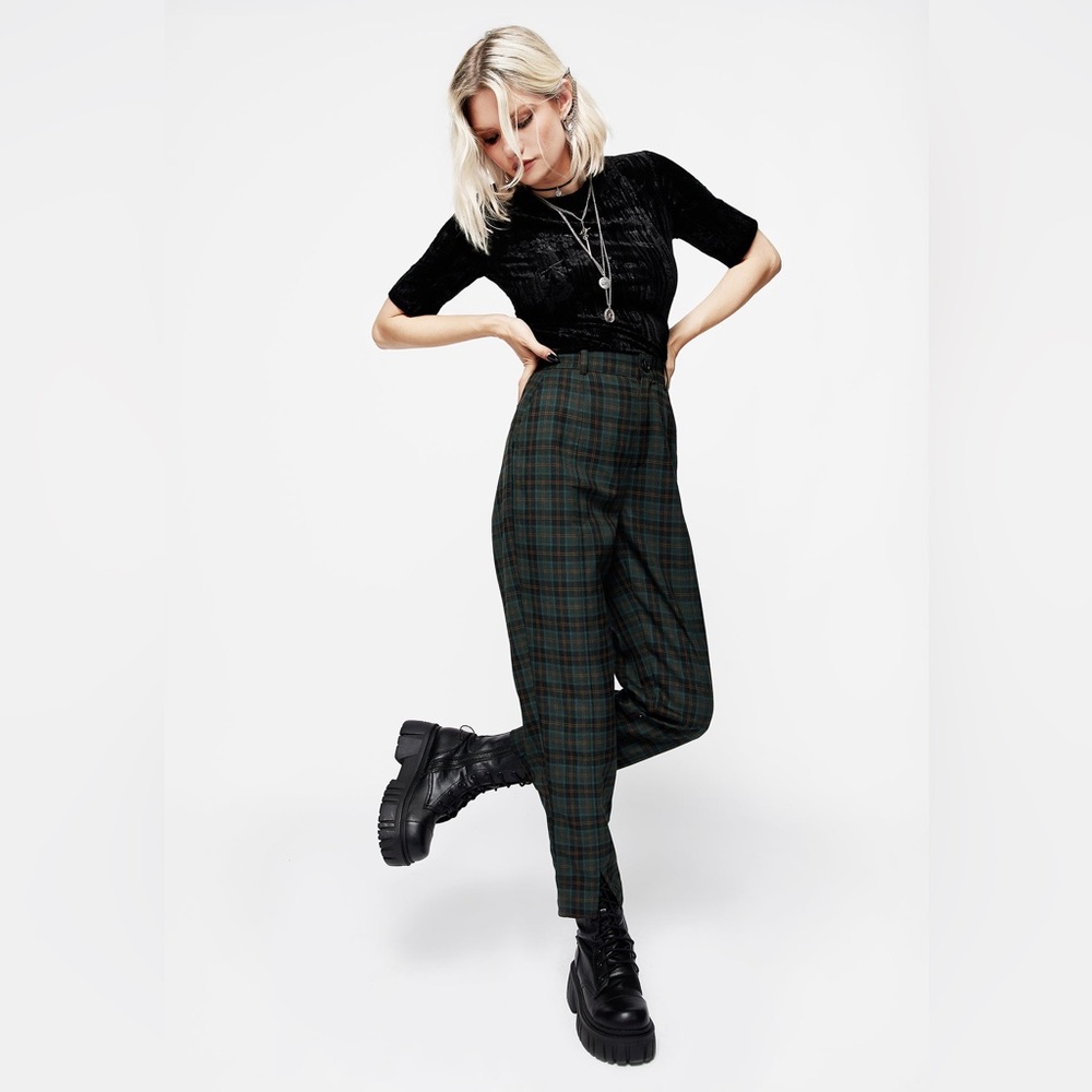 Disturbia Green Plaid High-Waist Trousers